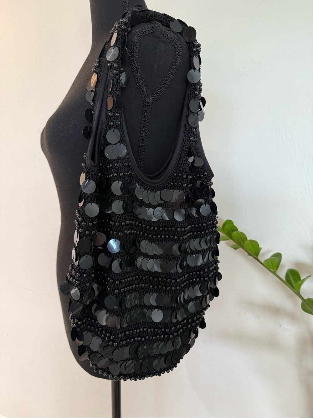Black Sequin Beaded Crochet Hobo Shoulder Bag Women’s